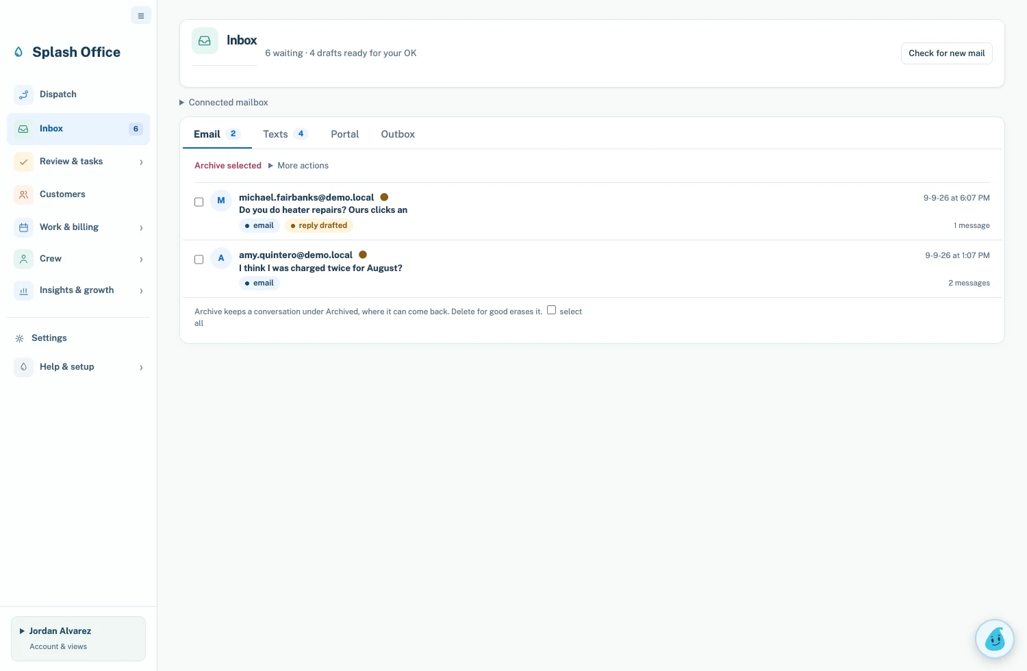 Splash Office demo inbox